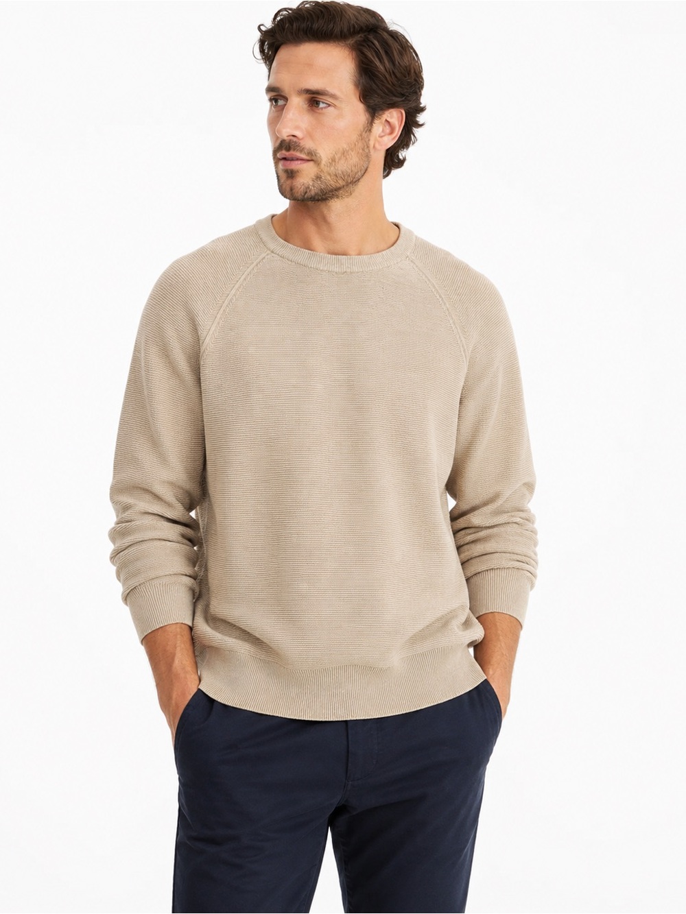 NWT J.Crew Men’s XL 100% Cotton Textured Crewneck Sweater Oatmeal Beige Raglan L